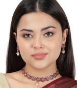 AQUASTREET  Gold Plated Ruby studdded Floral Designed Necklace set with Pearls drop Copper