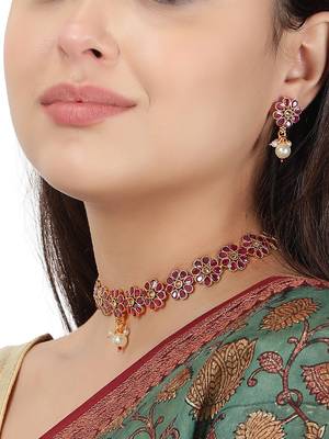AQUASTREET  Gold Plated Ruby studdded Floral Designed Necklace set with Pearls drop Copper 2