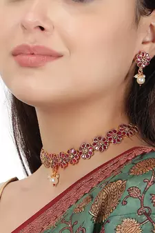 AQUASTREET  Gold Plated Ruby studdded Floral Designed Necklace set with Pearls drop Copper