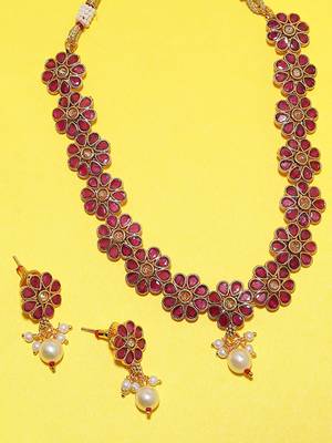 AQUASTREET  Gold Plated Ruby studdded Floral Designed Necklace set with Pearls drop Copper 3