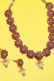 AQUASTREET  Gold Plated Ruby studdded Floral Designed Necklace set with Pearls drop Copper