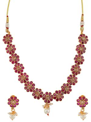 AQUASTREET  Gold Plated Ruby studdded Floral Designed Necklace set with Pearls drop Copper 4