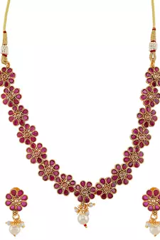 AQUASTREET  Gold Plated Ruby studdded Floral Designed Necklace set with Pearls drop Copper