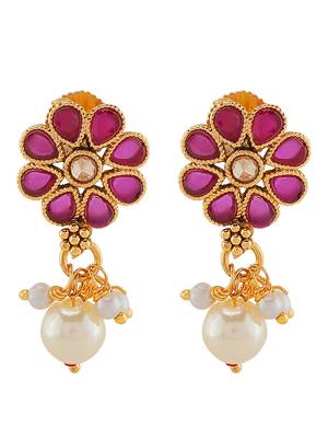 AQUASTREET  Gold Plated Ruby studdded Floral Designed Necklace set with Pearls drop Copper 5