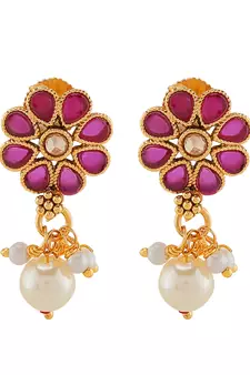 AQUASTREET  Gold Plated Ruby studdded Floral Designed Necklace set with Pearls drop Copper