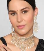 AQUASTREET  Gold Plated Handcrafted Kundan Necklace Set With Tasseled Pearls Line Brass