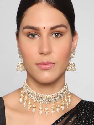 AQUASTREET  Gold Plated Handcrafted Kundan Necklace Set With Pearls Line Brass 1