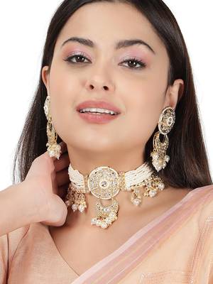 AQUASTREET  Gold Plated Handcrafted Kundan and Pearls Necklace Set With Pearls drops Copper 1