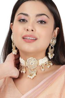 AQUASTREET  Gold Plated Handcrafted Kundan and Pearls Necklace Set With Pearls drops Copper