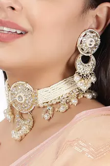 AQUASTREET  Gold Plated Handcrafted Kundan and Pearls Necklace Set With Pearls drops Copper