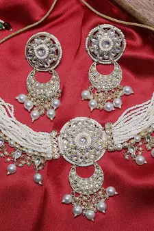 AQUASTREET  Gold Plated Handcrafted Kundan and Pearls Necklace Set With Pearls drops Copper