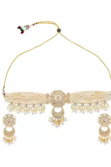 AQUASTREET  Gold Plated Handcrafted Kundan and Pearls Necklace Set With Pearls drops Copper