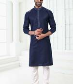 Blue embroidered linen kurta-pajama