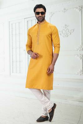 Yellow embroidered linen kurta-pajama 1