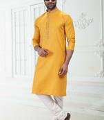 Yellow embroidered linen kurta-pajama