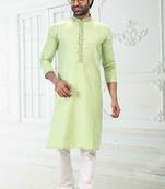 Green embroidered linen kurta-pajama