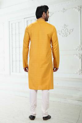 Yellow embroidered linen kurta-pajama 2