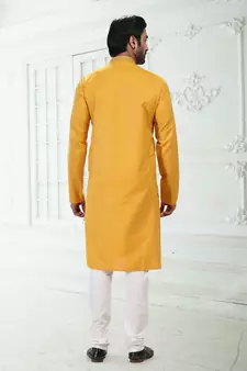 Yellow embroidered linen kurta-pajama
