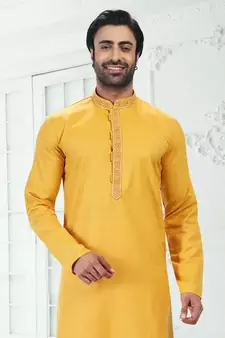 Yellow embroidered linen kurta-pajama