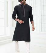 Black embroidered linen kurta-pajama