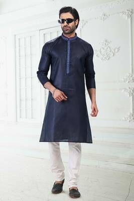 Blue embroidered linen kurta-pajama 1