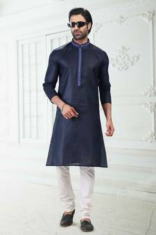 Blue embroidered linen kurta-pajama