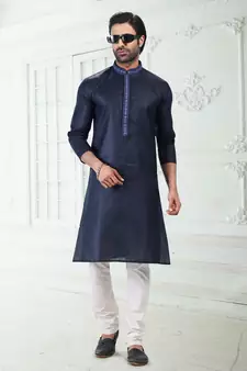 Blue embroidered linen kurta-pajama