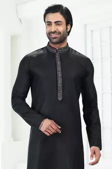 Black embroidered linen kurta-pajama