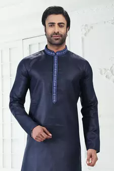 Blue embroidered linen kurta-pajama