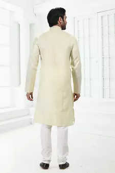 Green embroidered linen kurta-pajama