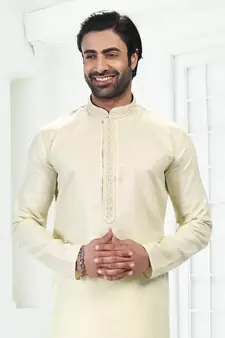 Green embroidered linen kurta-pajama