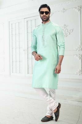 Green embroidered linen kurta-pajama 1