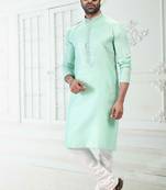 Green embroidered linen kurta-pajama
