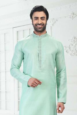 Green embroidered linen kurta-pajama 3