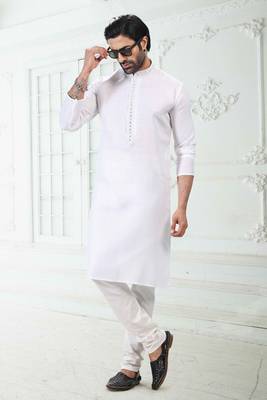 White embroidered linen kurta-pajama 1