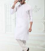 White embroidered linen kurta-pajama