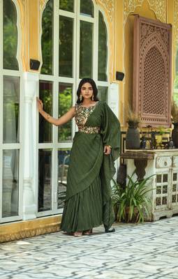 Crush Chinon Half and Half Saree with Heavy Multi Sequins Work Blouse With Waist Belt 1