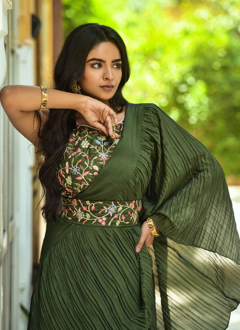 Crush Chinon Half and Half Saree with Heavy Multi Sequins Work Blouse With Waist Belt