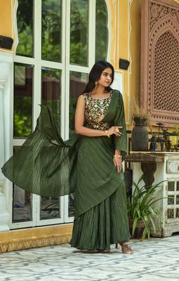 Crush Chinon Half and Half Saree with Heavy Multi Sequins Work Blouse With Waist Belt 4