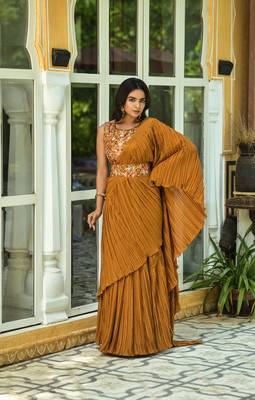 Crush Chinon Half and Half Saree with Heavy Multi Sequins Work Blouse With Waist Belt 1