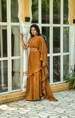Crush Chinon Half and Half Saree with Heavy Multi Sequins Work Blouse With Waist Belt 4