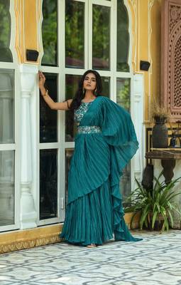 Crush Chinon Half and Half Saree with Heavy Multi Sequins Work Blouse With Waist Belt 1