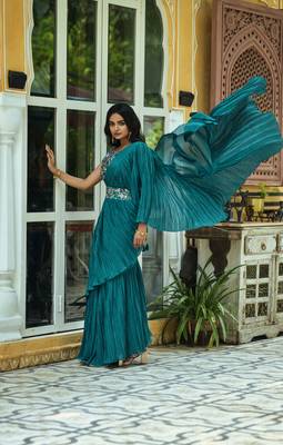 Crush Chinon Half and Half Saree with Heavy Multi Sequins Work Blouse With Waist Belt 2
