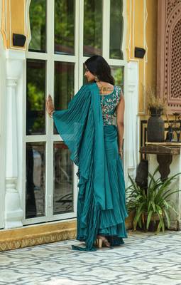 Crush Chinon Half and Half Saree with Heavy Multi Sequins Work Blouse With Waist Belt 3