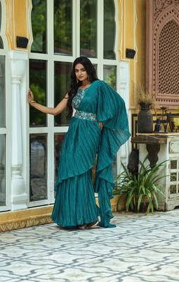 Crush Chinon Half and Half Saree with Heavy Multi Sequins Work Blouse With Waist Belt 4