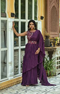Crush Chinon Half and Half Saree with Heavy Multi Sequins Work Blouse With Waist Belt 1