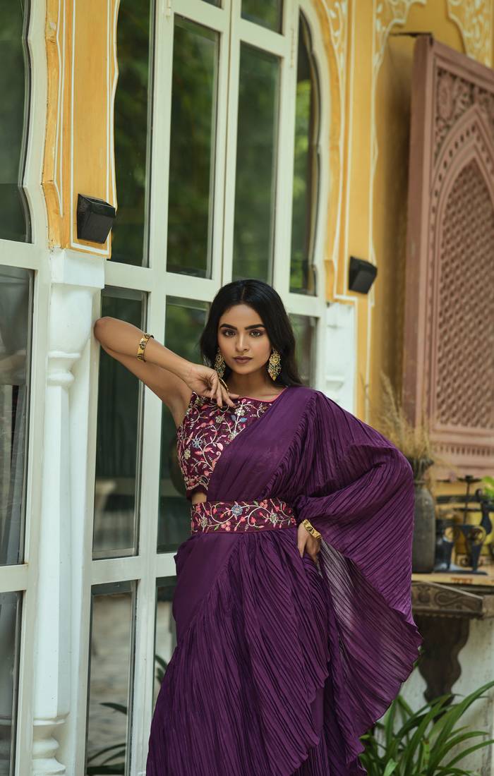 Crush Chinon Half and Half Saree with Heavy Multi Sequins Work Blouse With Waist Belt