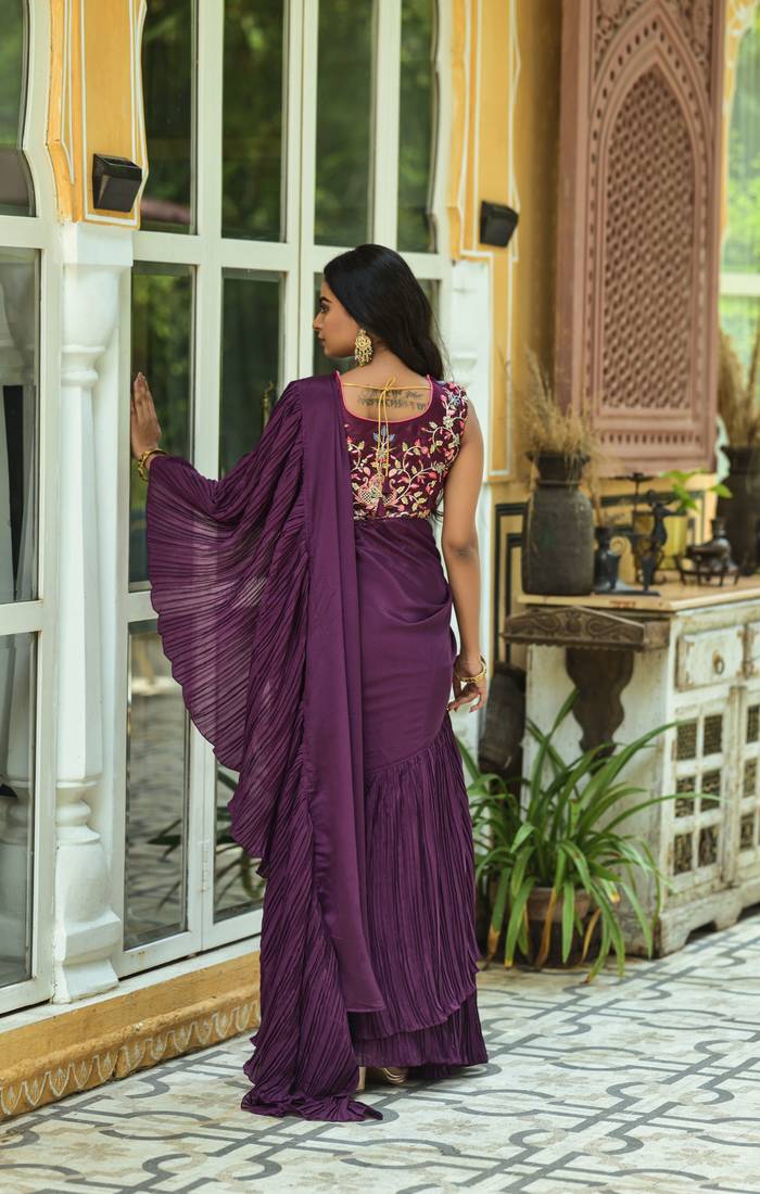 Crush Chinon Half and Half Saree with Heavy Multi Sequins Work Blouse With Waist Belt