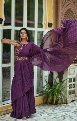 Crush Chinon Half and Half Saree with Heavy Multi Sequins Work Blouse With Waist Belt 4