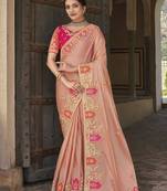 Peach embroidered organza saree with blouse